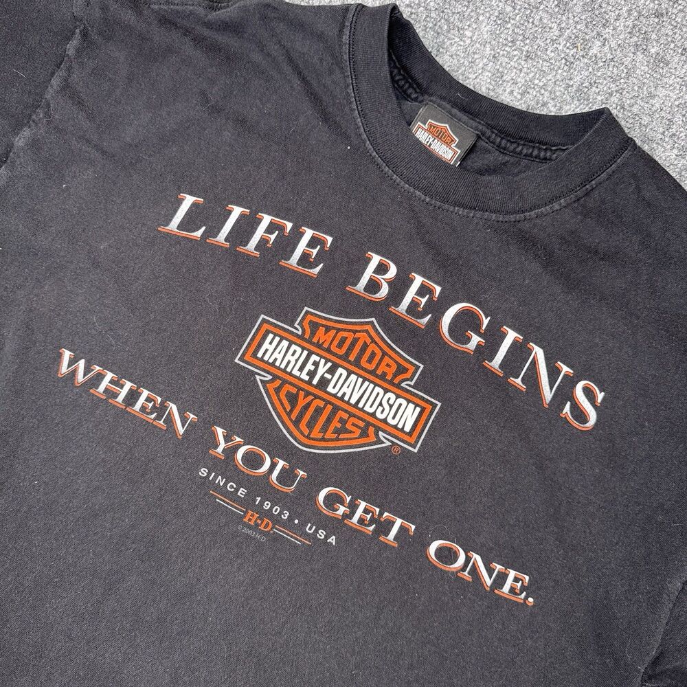Vintage Harley Davidson Faded Black Life Begins Tee Mens XL USA Made Illinois